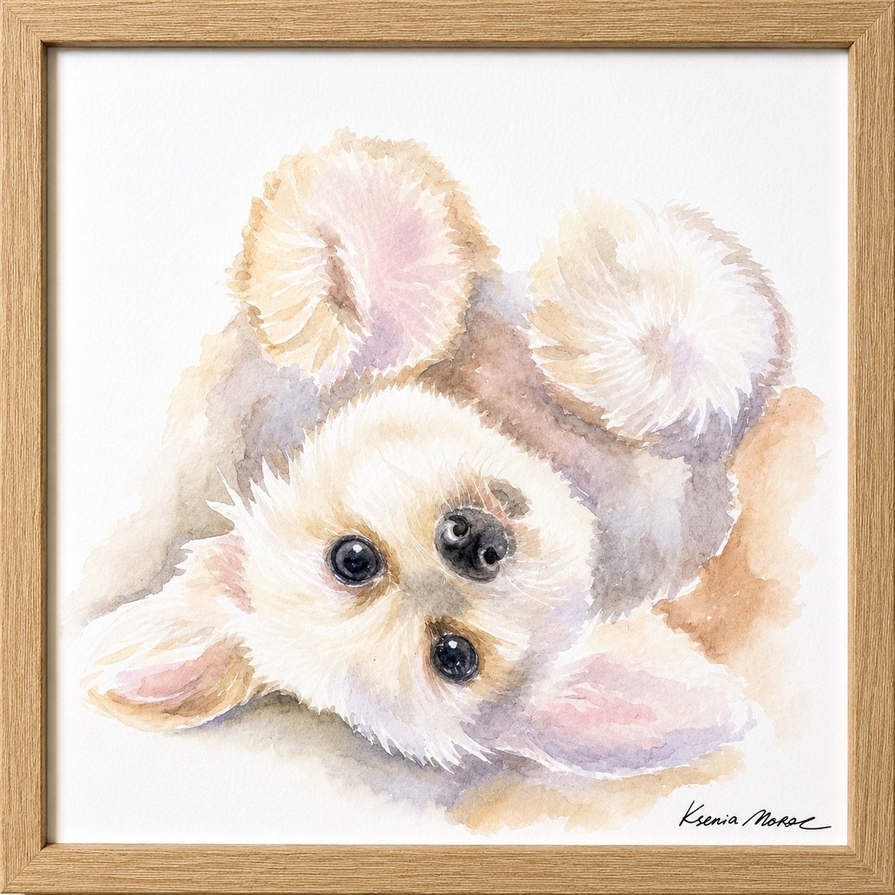 Watercolor painting of a cute puppy with big eyes, lying on its side, in soft pastel colors, signed by Ksenia Nosov.