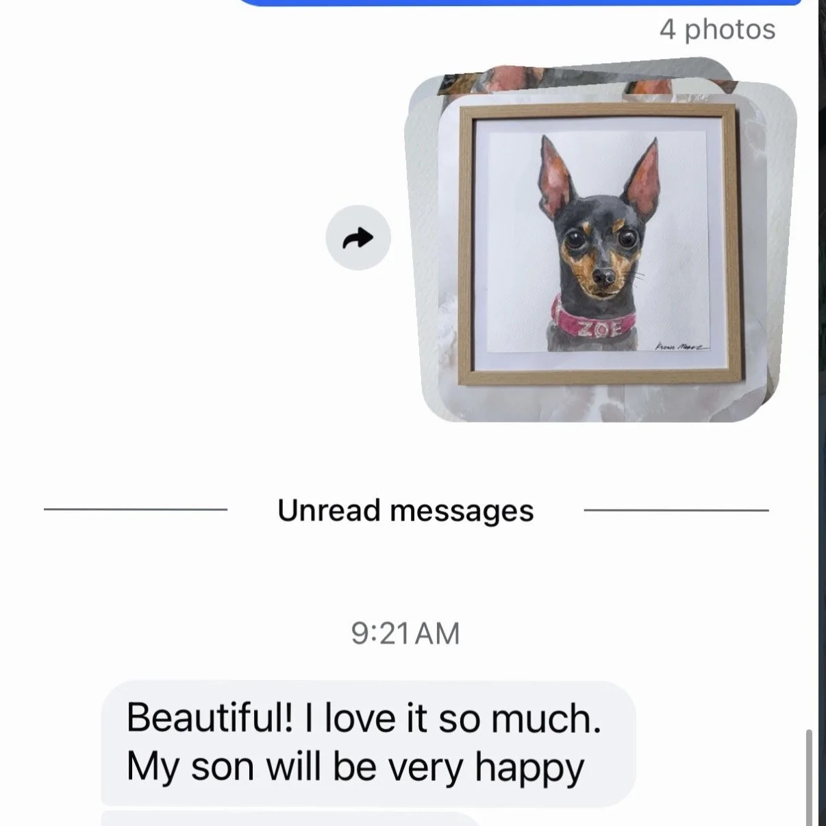 A framed watercolor painting of a small dog with large ears and a pink collar, displayed on a white surface.