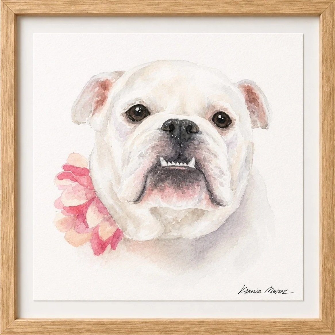 Watercolor painting of a white bulldog with a pink flower around its neck, framed in a wooden frame.