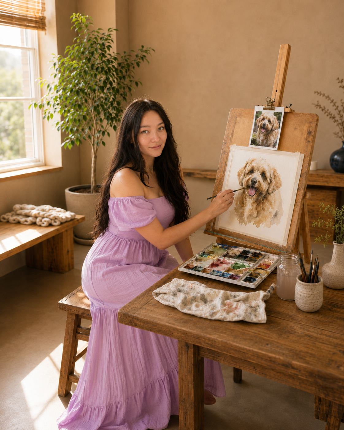 Artist hand-painting a custom watercolor pet memorial portrait on an easel.