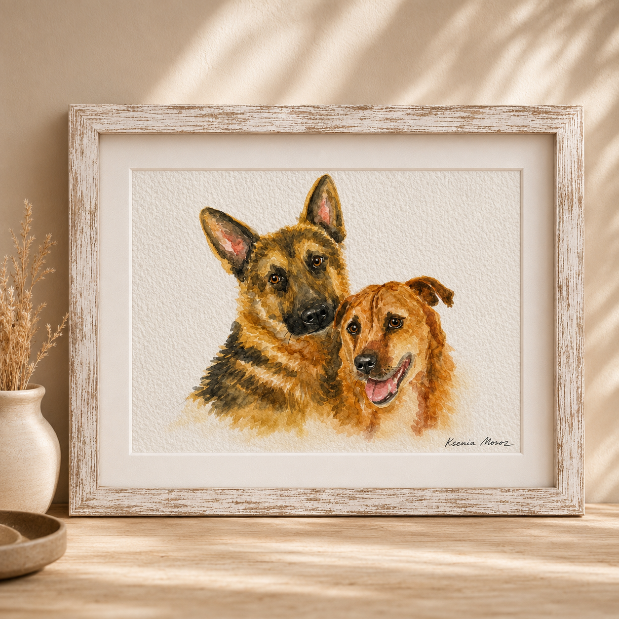 11×15 Two-Pet Watercolor Memorial Portrait