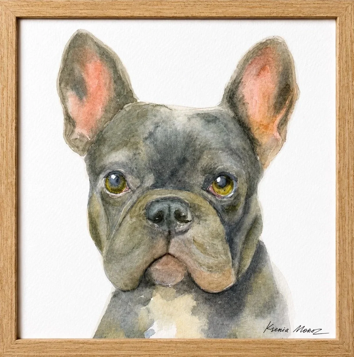 Watercolor painting of a French Bulldog's face with large ears and expressive eyes, framed in a wooden frame.