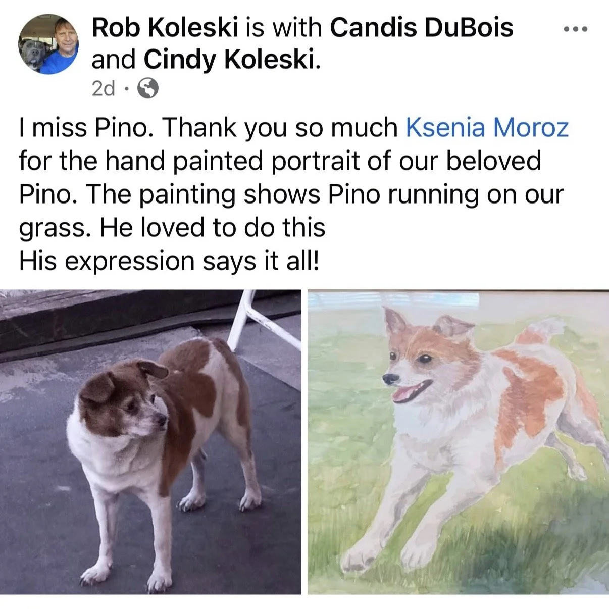 Photo of a dog on the left and a painted portrait of a dog on the right.