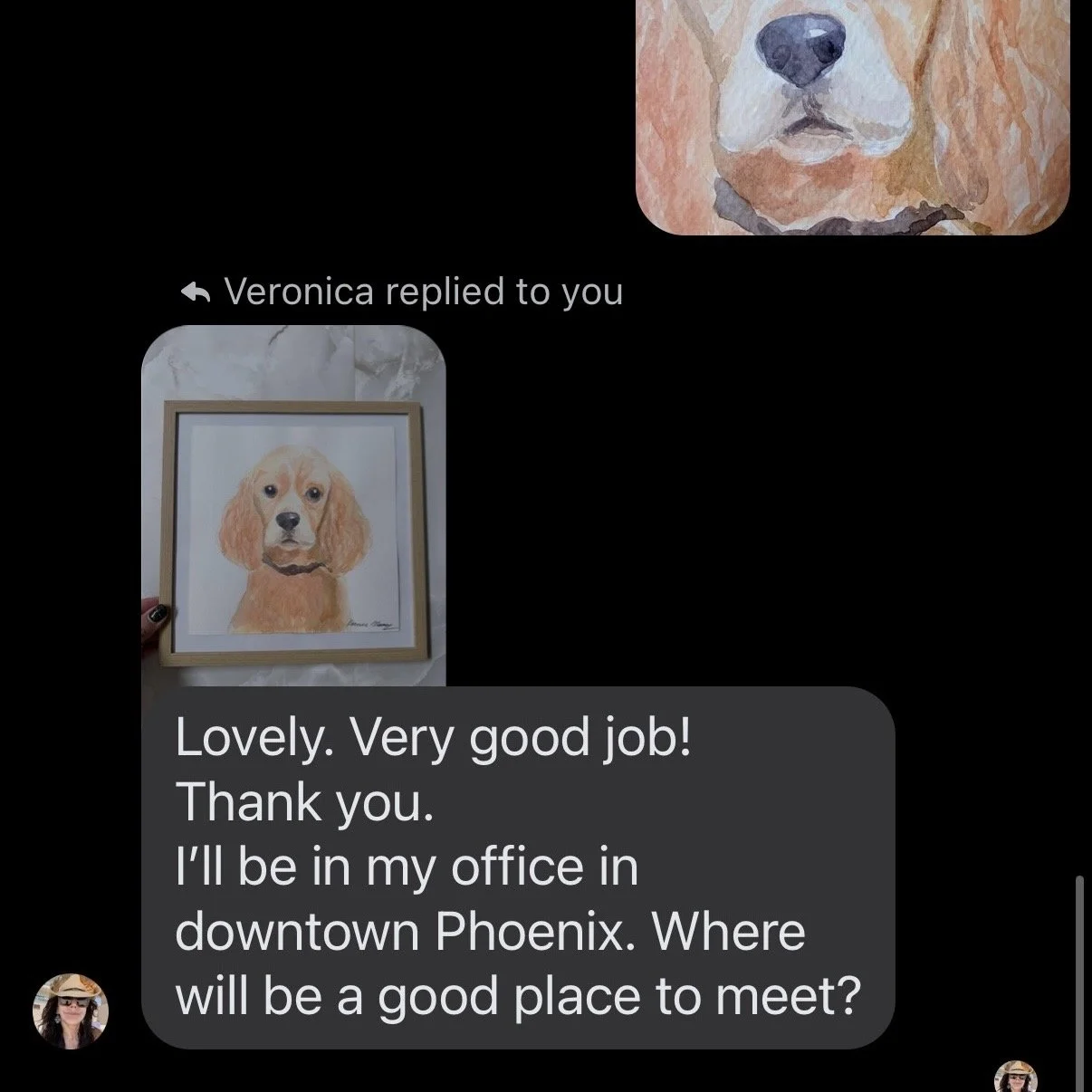 Digital screenshot of a messaging conversation featuring a framed painting of a young golden retriever and a close-up photo of a dog's face, possibly another retriever.