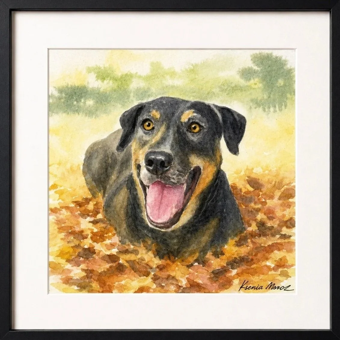 Watercolor painting of a black and tan dog with yellow eyes, sitting among autumn leaves with a blurred green background.