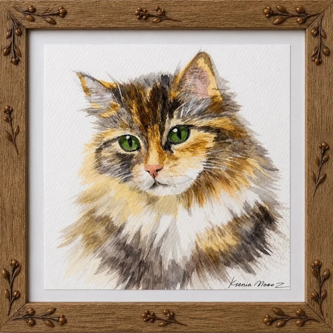Watercolor painting of a cat with green eyes, framed in a wooden border with leaf decorations.