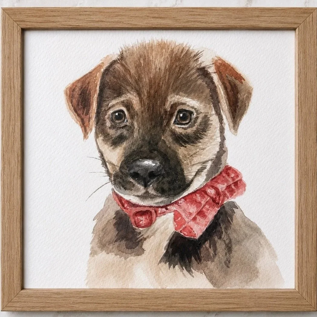 Watercolor painting of a puppy with a red bandana inside a wooden frame.