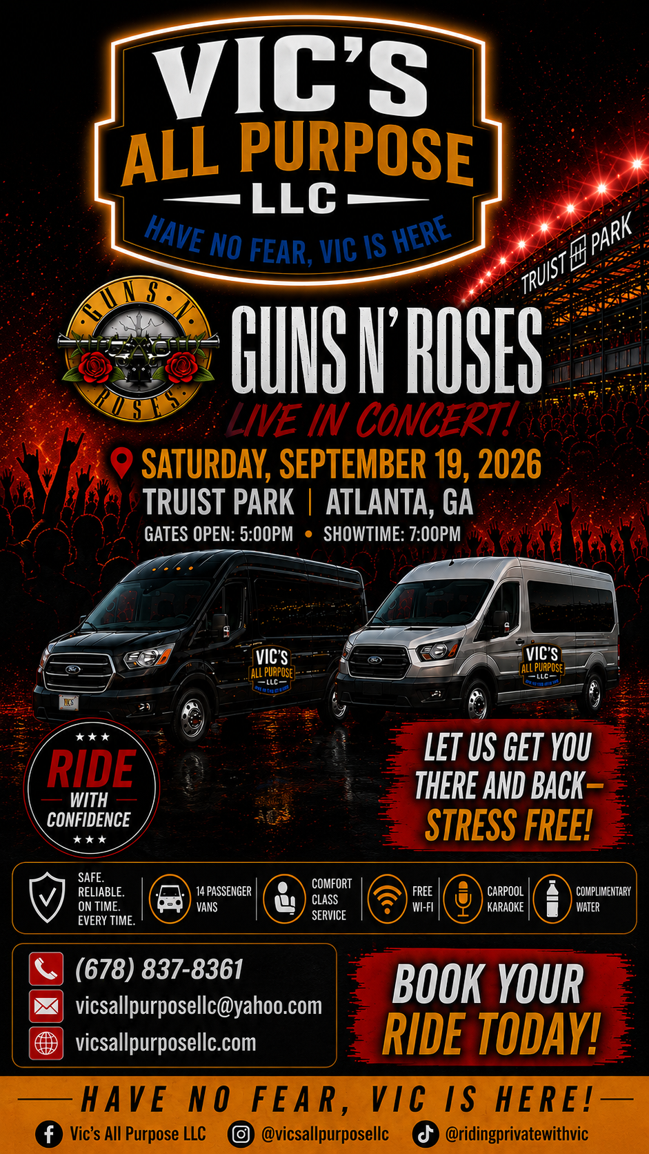 Vic’s All Purpose LLC concert shuttle transportation in Atlanta, Georgia with passenger vans for concerts and events.
