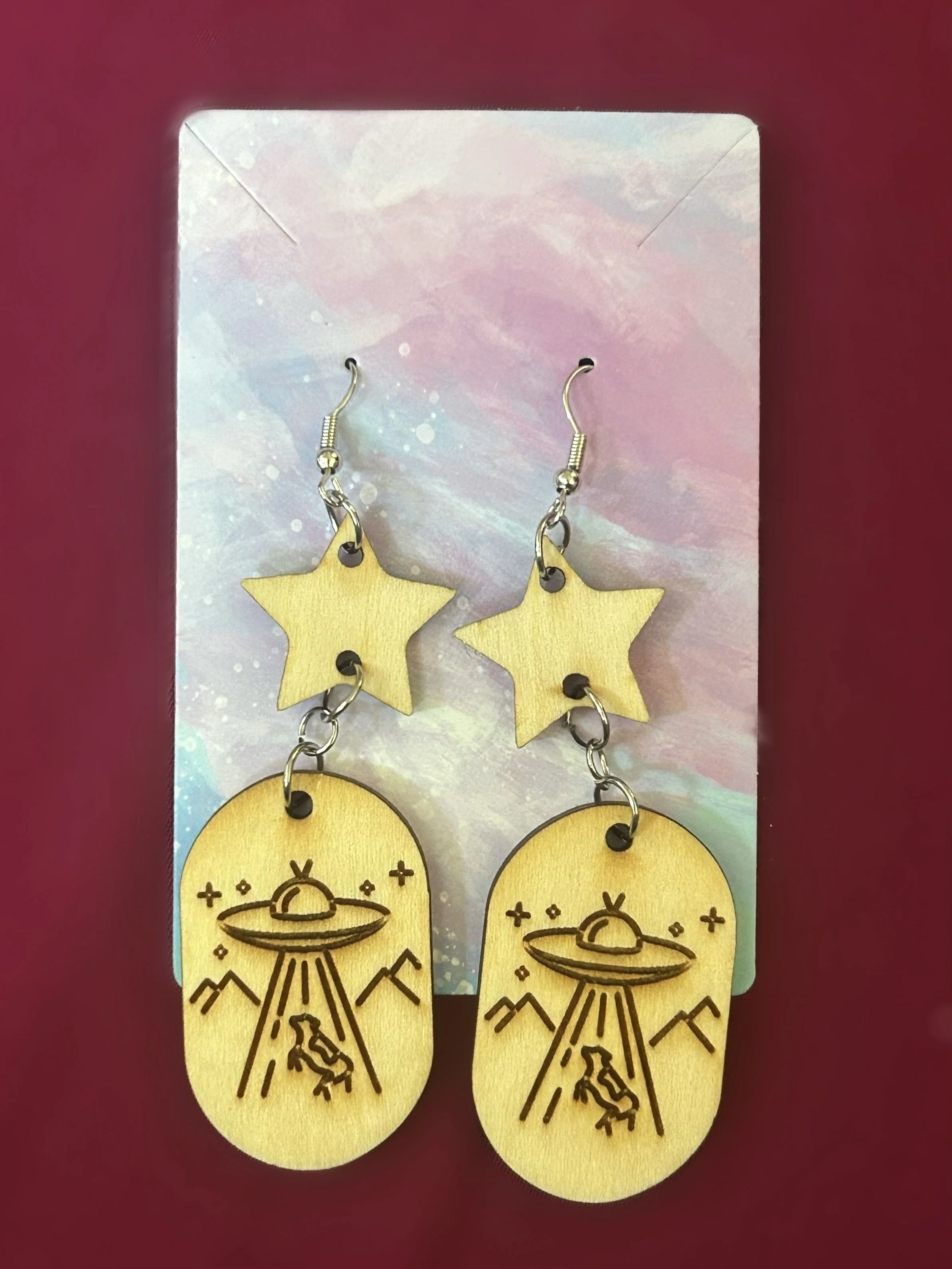 WOOD BURNED UFO EARRINGS