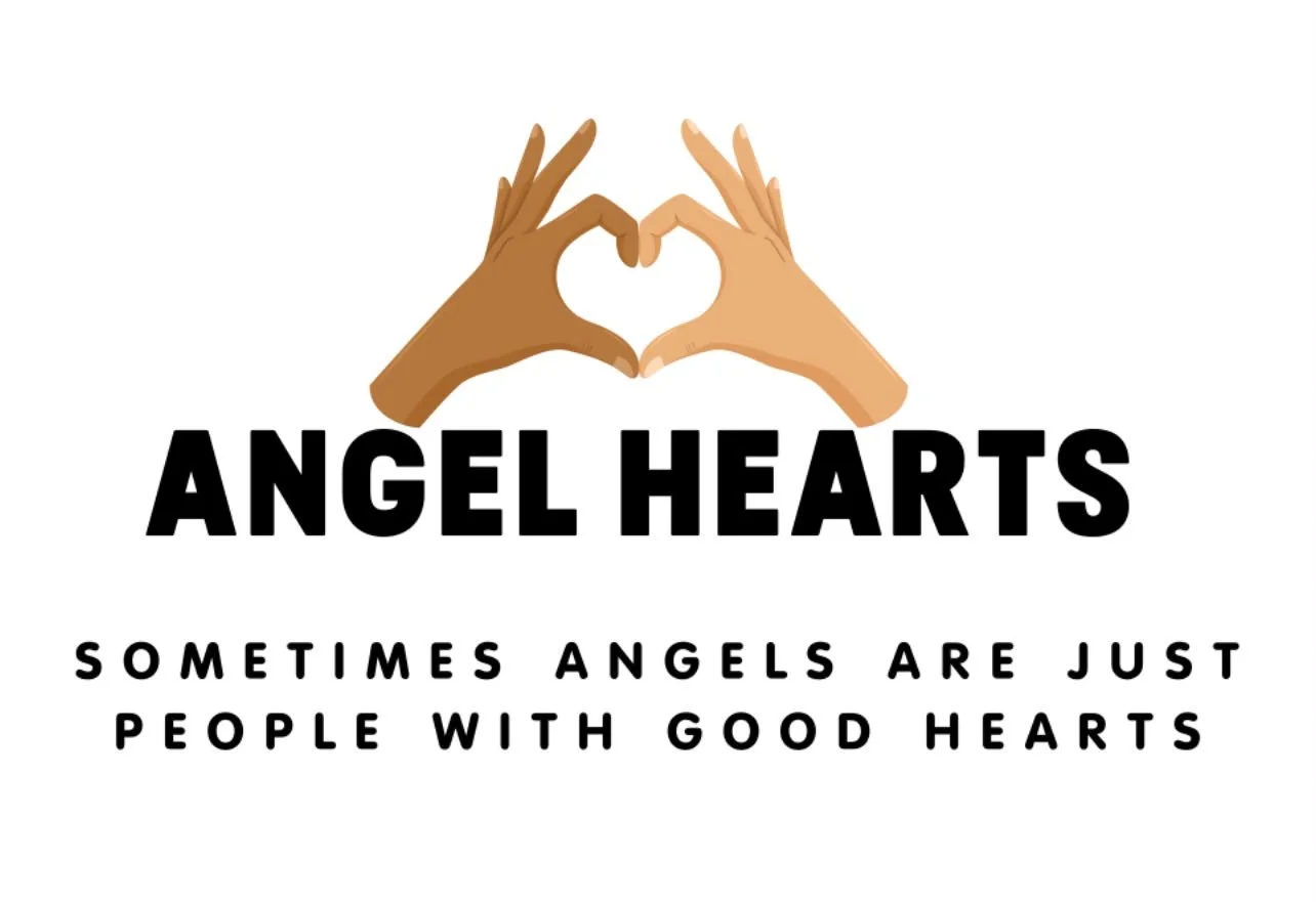 Illustration of two hands, one dark-skinned and one light-skinned, forming a heart shape. Text reads 'Angel Hearts' with a subtitle 'Sometimes angels are just people with good hearts'.