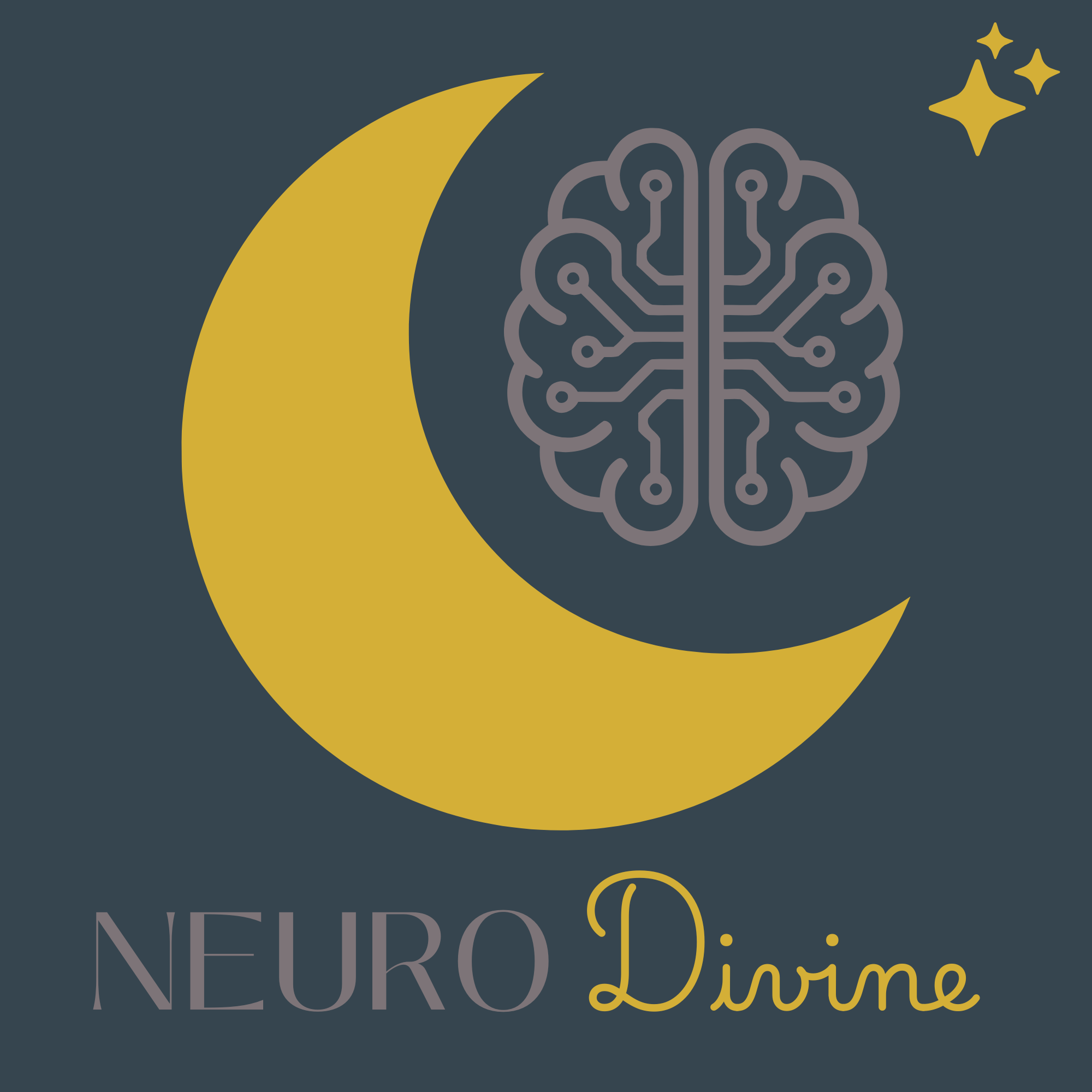 Graphic design with a crescent moon, a neuron illustration, and stars on a dark background, with the words 'NEURO' and 'L'omin...' in stylized fonts.