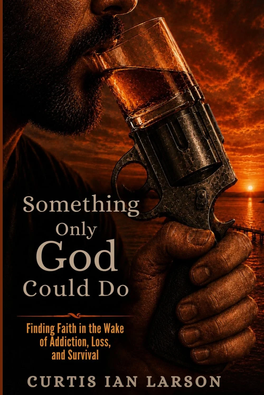 Man holding a whiskey shot glass gun barrel and pouring it into his mouth