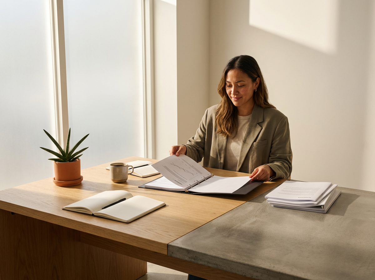A woman sitting at a desk, reviewing Google Business Profile and Google Reviews in a binder, with a notebook, a mug, a potted plant, and a stack of documents on the desk in a room with sunlight and shadows.