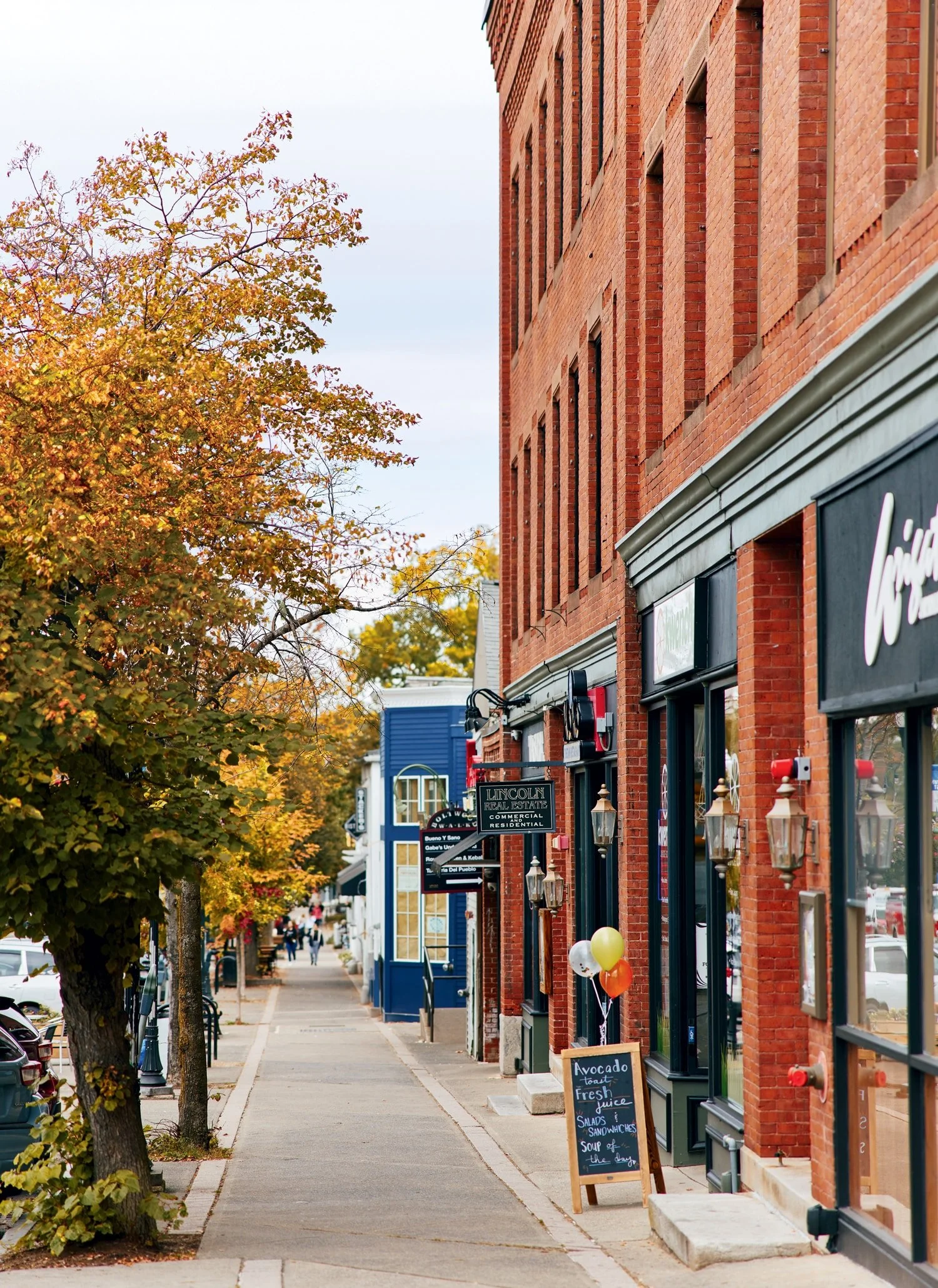 A sidewalk lined with shops on a fall day, with trees on the left side showing yellow and orange leaves. The brick buildings on the right have storefronts with black awnings and signage. A chalkboard menu outside one shop lists food items, and balloons are tied to the outside of one storefront.