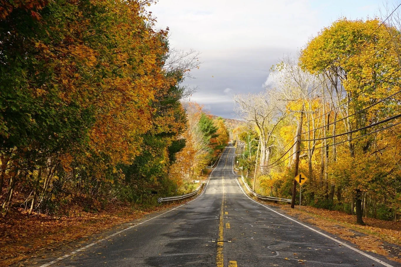 A two-lane road winding through a forest with colorful autumn leaves, yellow and orange foliage on trees, and a cloudy sky in the background.