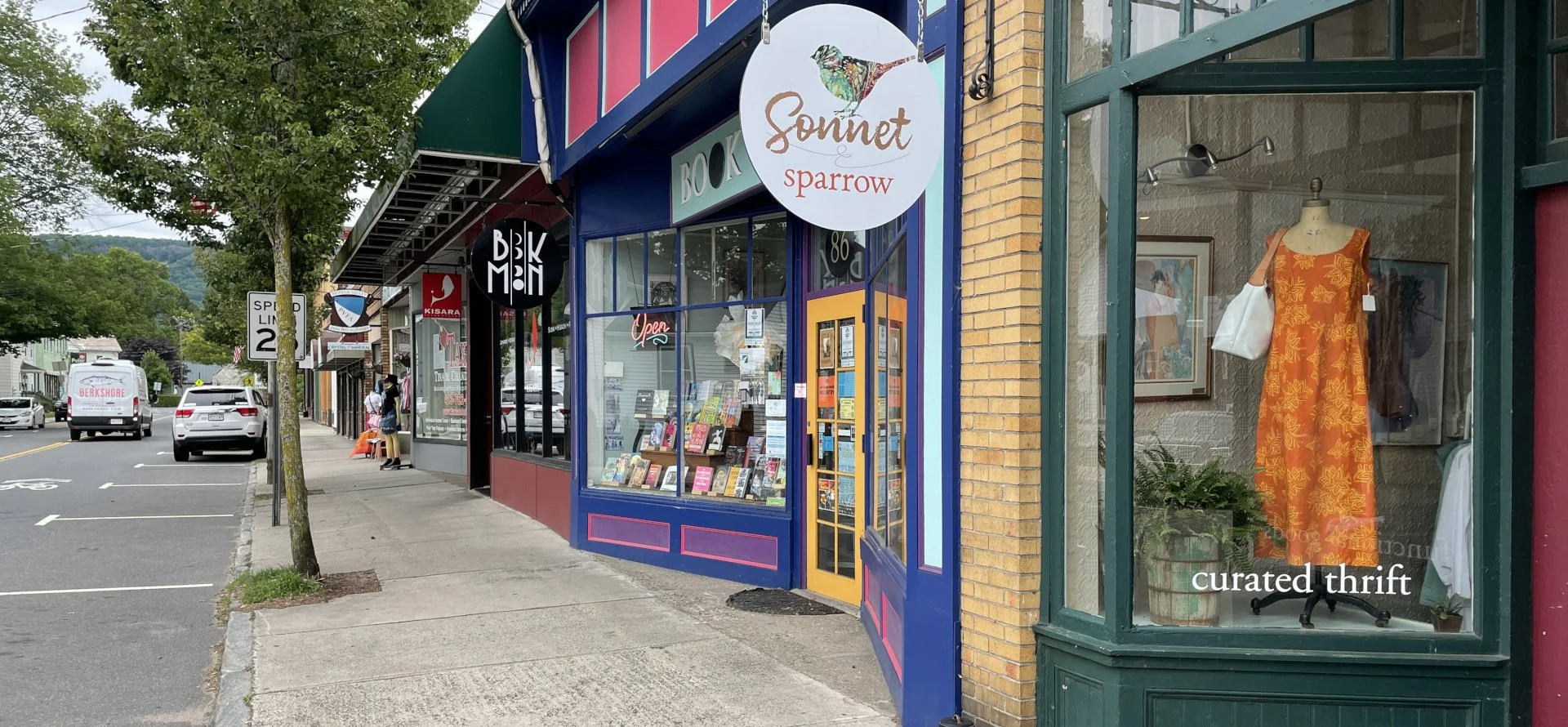 Street view of a row of storefronts with one called 'Sonnet Sparrow' that has a window display with a mannequin wearing an orange dress and has signs indicating the store is open. There are parked cars and a few pedestrians on the sidewalk, trees, and hills in the background.