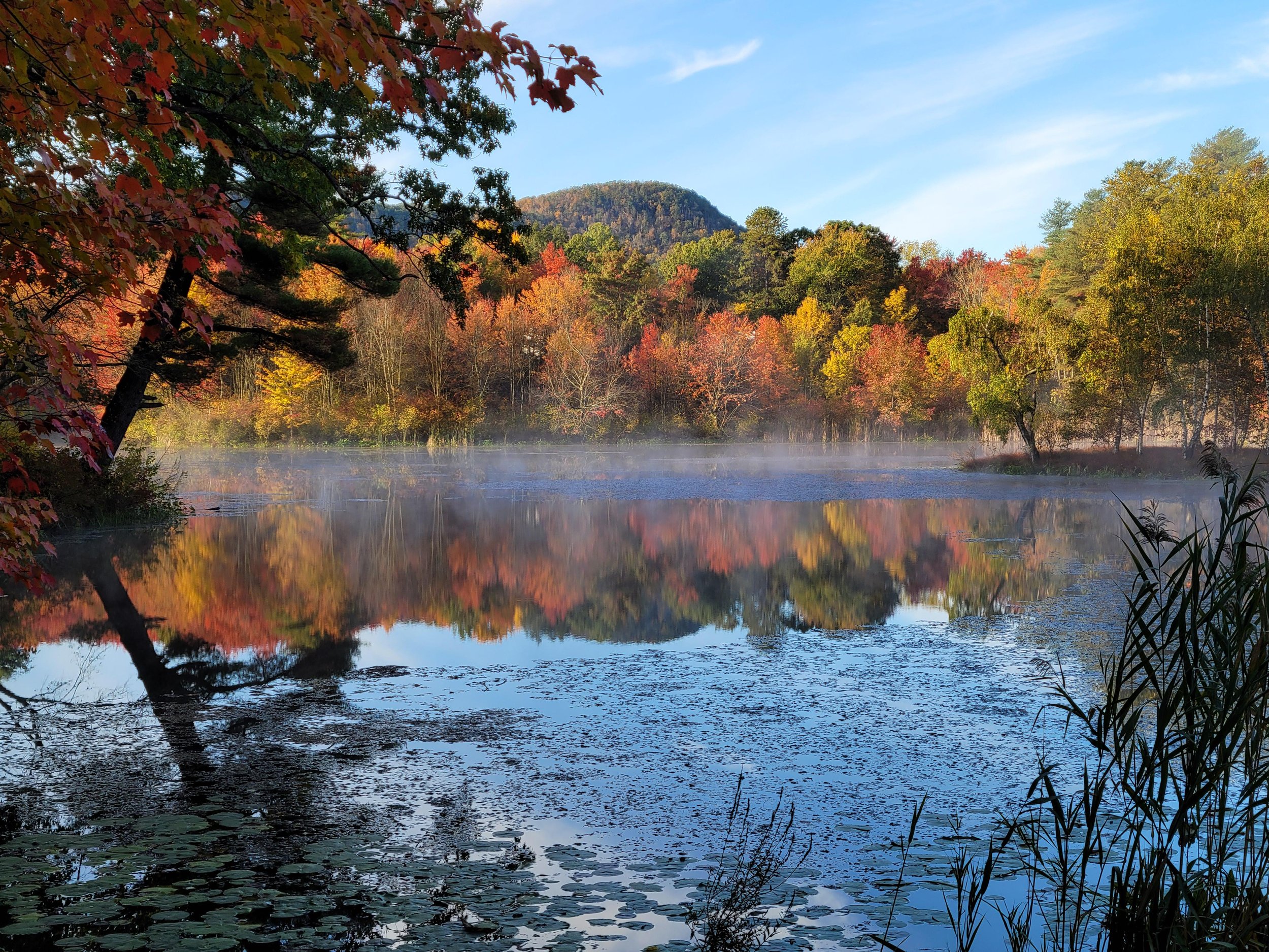 A lake surrounded by trees with colorful autumn leaves, fog rising from the water, and hills in the background under a blue sky.