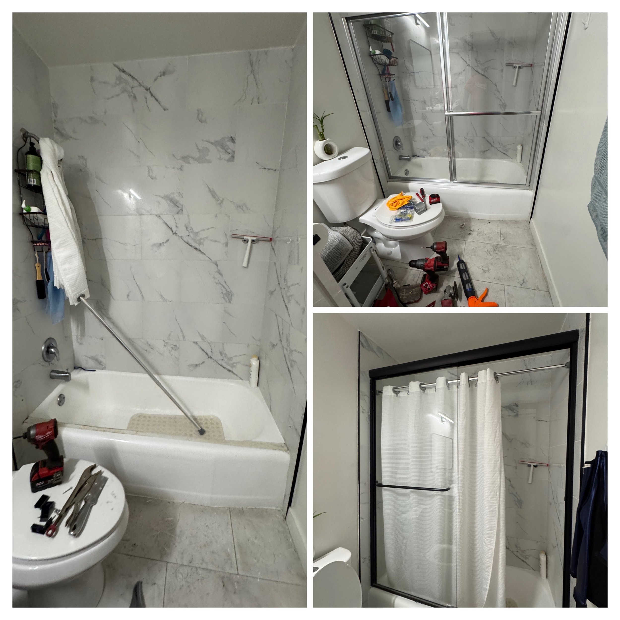 A bathroom is shown in two stages of renovation. The left side features a marble shower with a handheld shower head and wall-mounted shelves holding toiletries, with a white towel hanging on a black metal rack. The right side shows a toilet, a small white table with various tools and supplies, a large mirror with a black frame, a shower with a sliding glass door, and various tools and supplies on the floor.