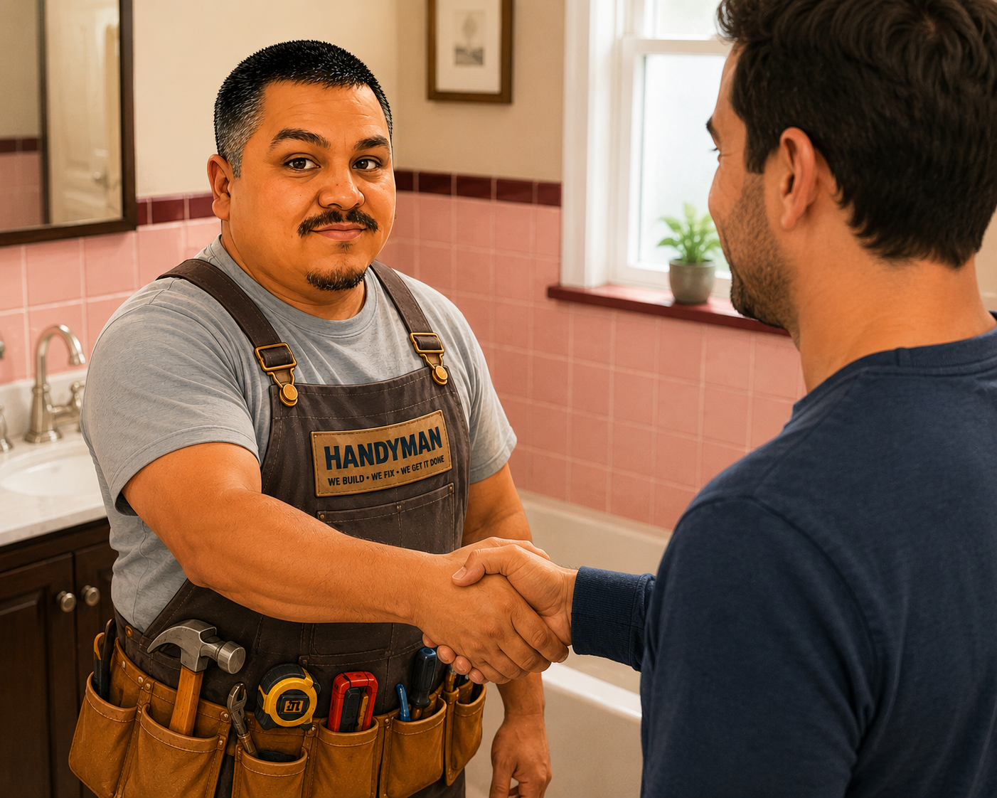 A handyman wearing a tool belt and an apron with a patch that reads 'HANDYMAN' shakes hands with a customer in a bathroom.