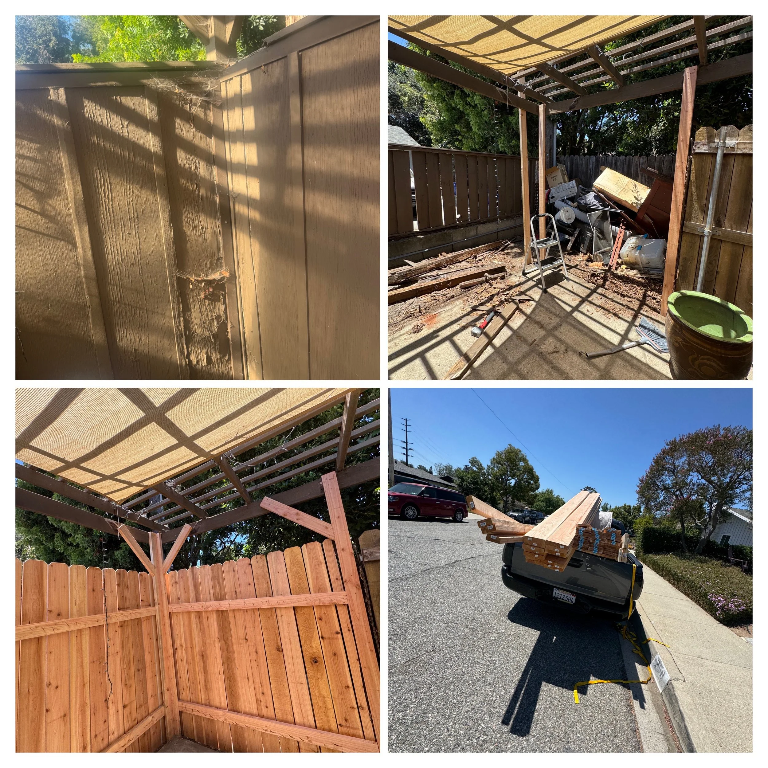 Images showing a construction project to build an outdoor structure with a wooden fence, a partially finished fence, and a support frame with plyboard on top. There's a clear blue sky, trees, and a parked car in the background.