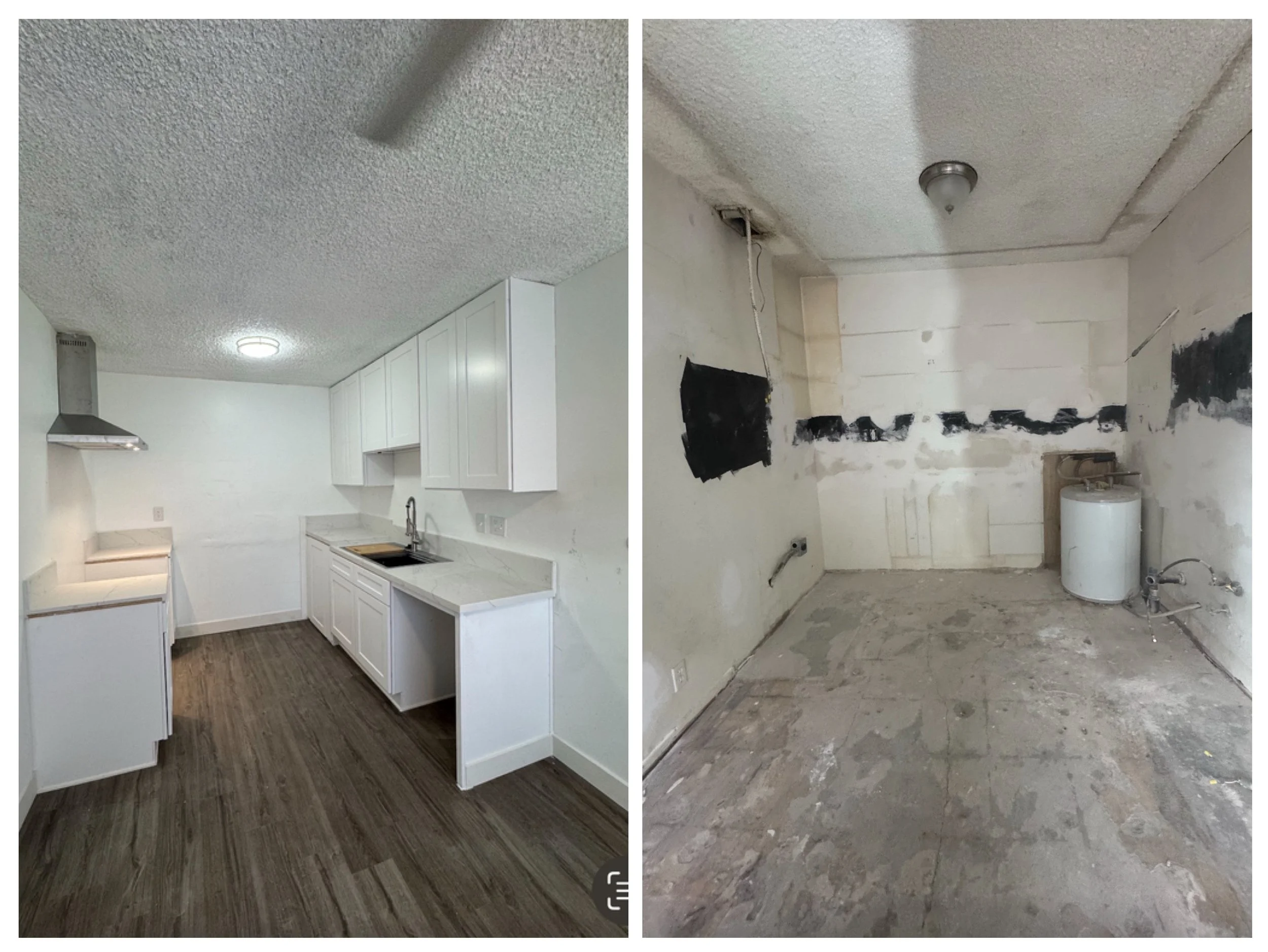 Before and after images of a kitchen renovation; left shows a finished modern white kitchen with cabinets, countertop, sink, and a range hood, right shows an unfinished space with exposed walls, ceiling, and plumbing.