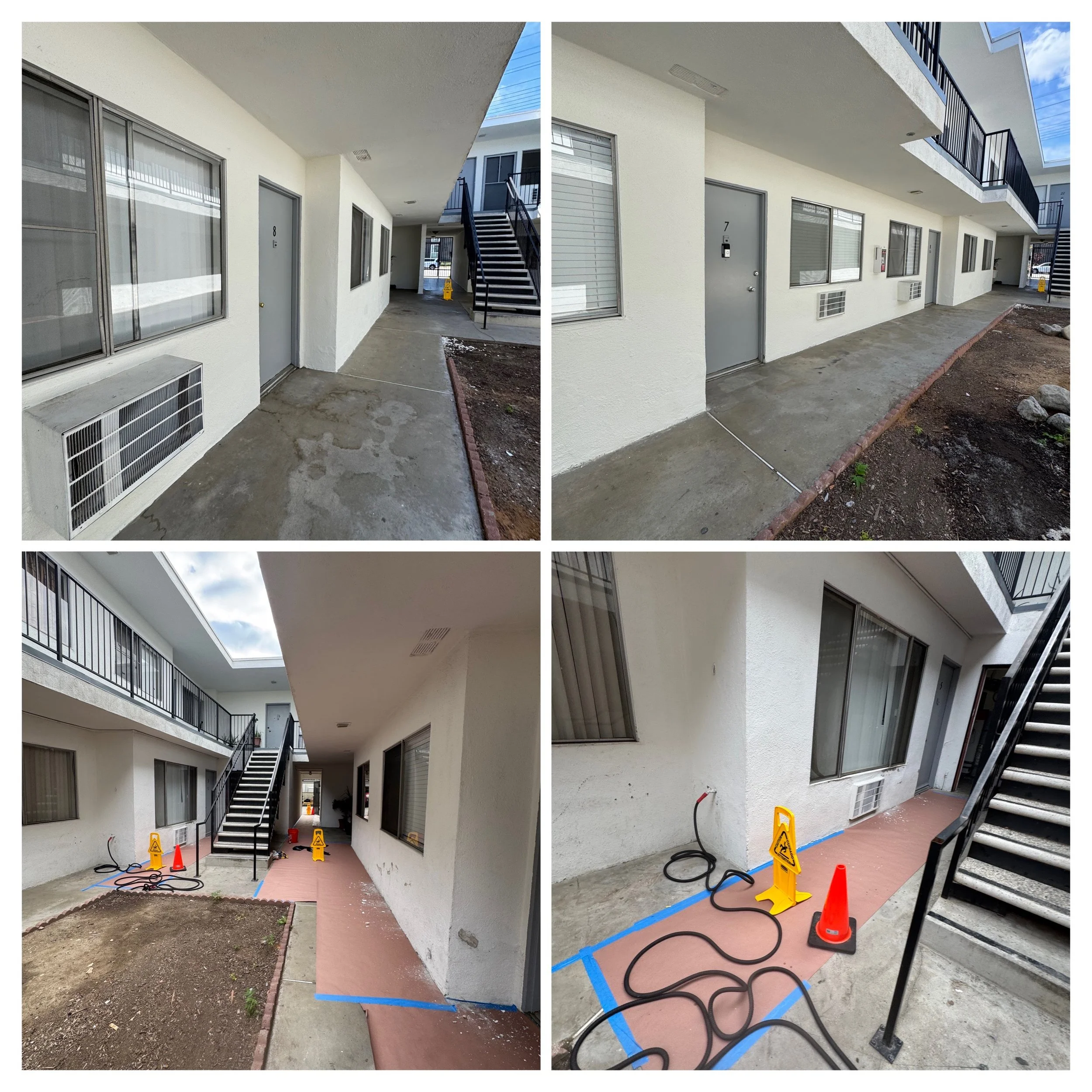 Exterior of an apartment building under renovation, with new painting, construction cones, and tools visible, showing two views of the same area from different angles.