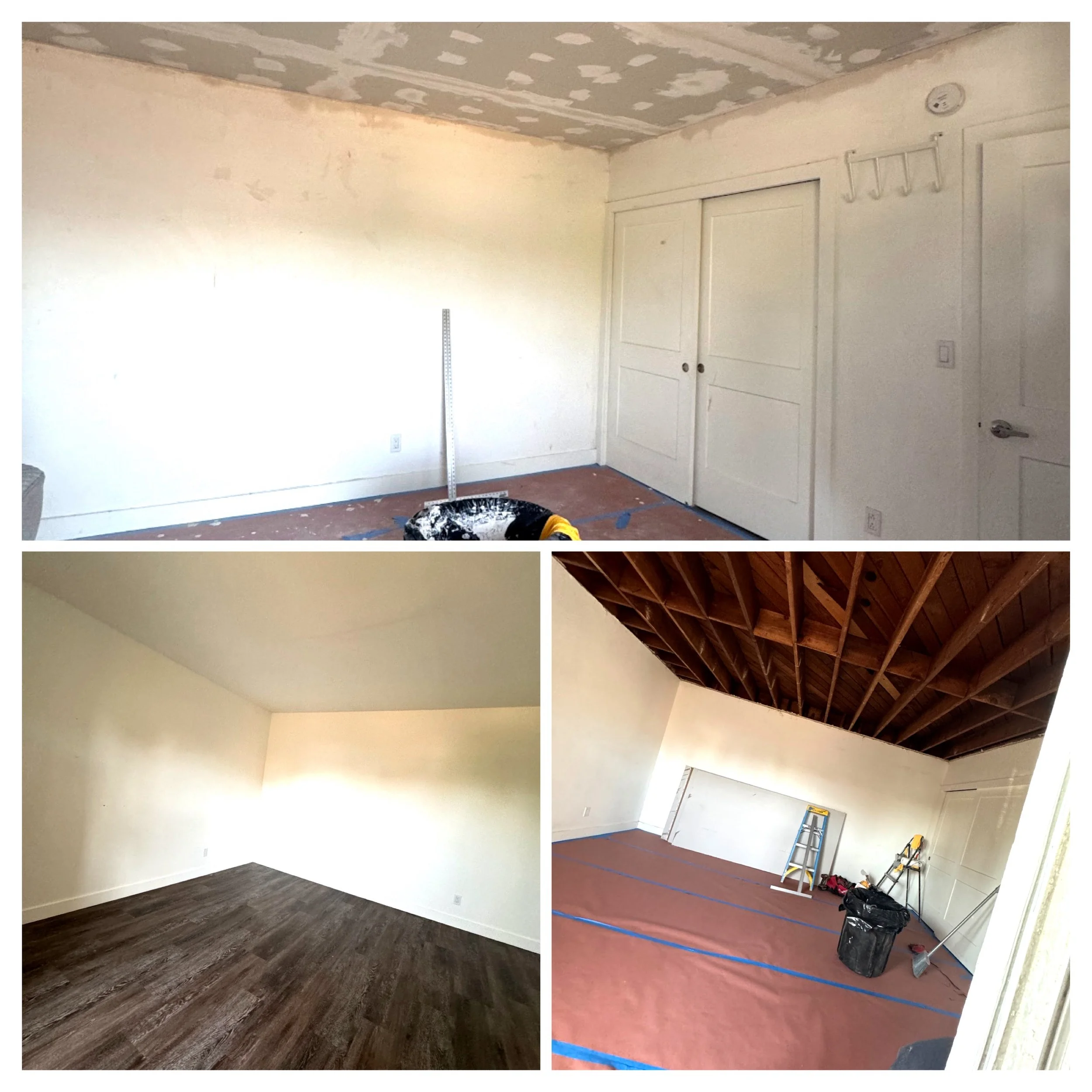 Collage of four interior room pictures showing different flooring and wall states, including unfinished ceilings and flooring being installed.