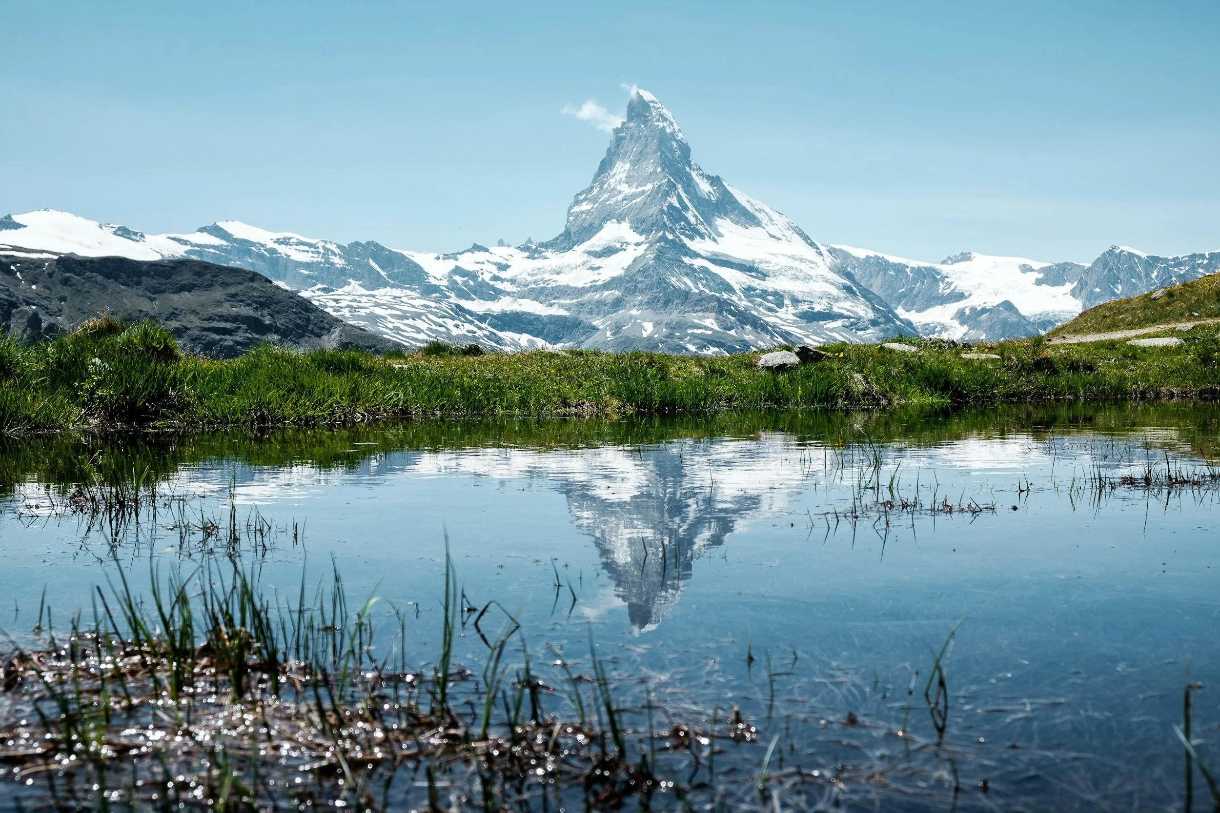 Snow-capped mountain peak reflected in a still alpine lake surrounded by green meadow grass under a clear blue sky
