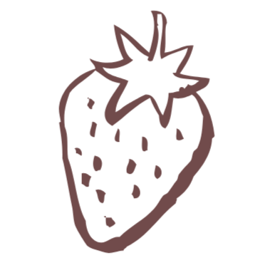 A simple, hand-drawn illustration of a strawberry with seeds and a leafy top.