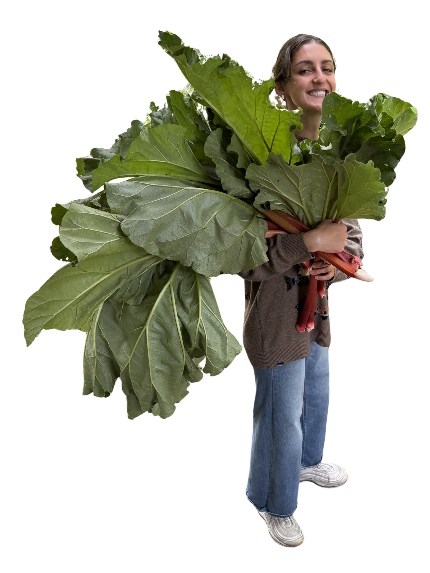 A person smiling and holding a large bundle of leafy greens, including Swiss chard and other vegetables, while standing on a gray surface.