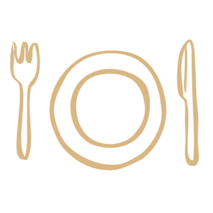 Illustration of a place setting with a fork on the left, a plate in the center, and a knife on the right.
