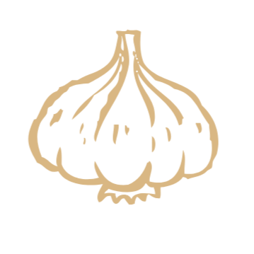 Line drawing of a garlic bulb with several cloves.