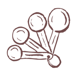Drawing of six measuring spoons arranged in a fan shape.