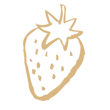 Line drawing of a strawberry with seeds and a leafy top.