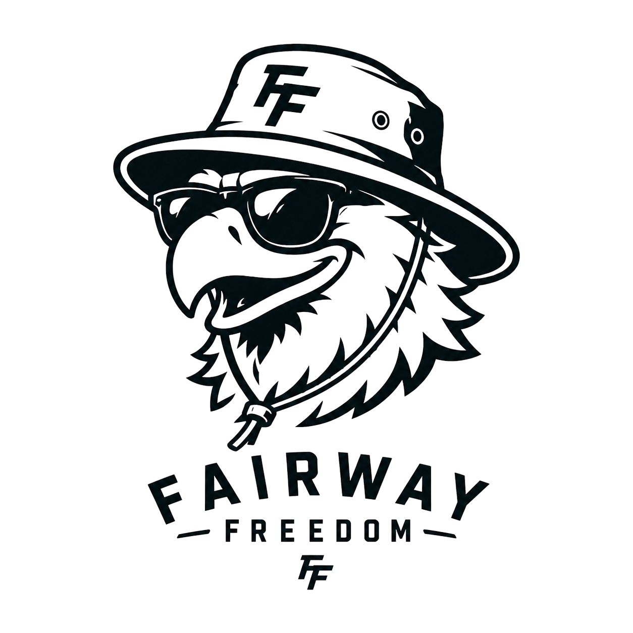 Fairway Freedom logo of an eagle wearing a bucket hat ready to play golf.