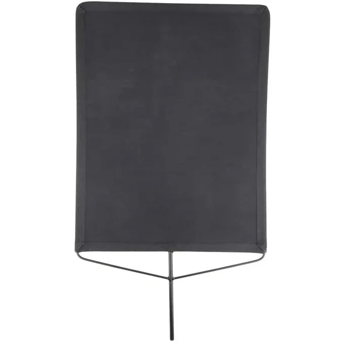 A black folding screening or privacy panel with a metal stand