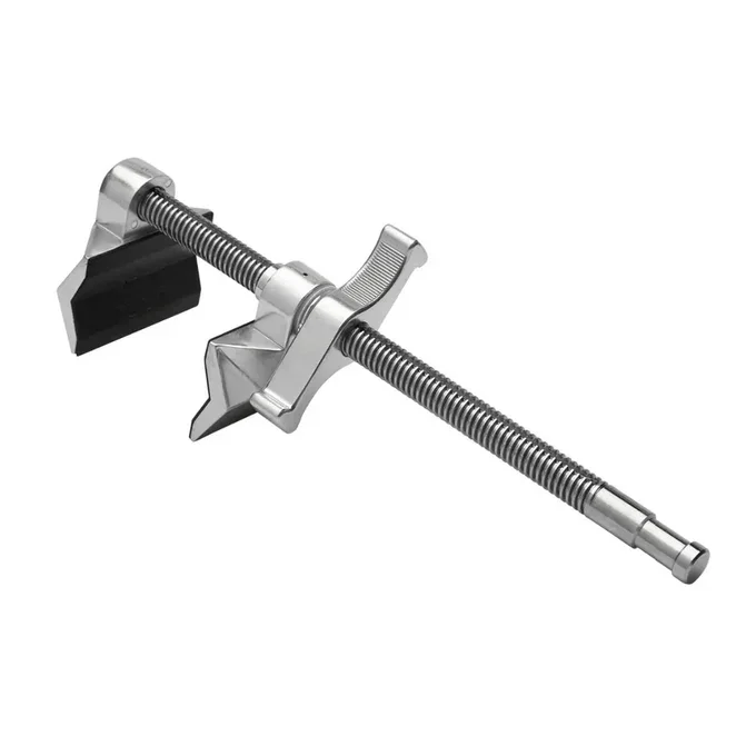 A metal clamp with a screw mechanism and a black padded contact surface.