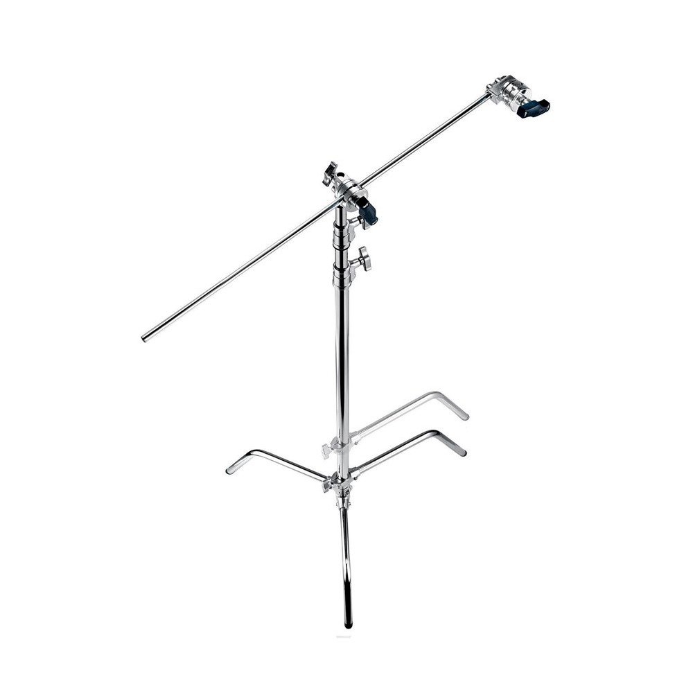 A metal C-stand with adjustable arms and a grip head, used in photography and video production for holding equipment.