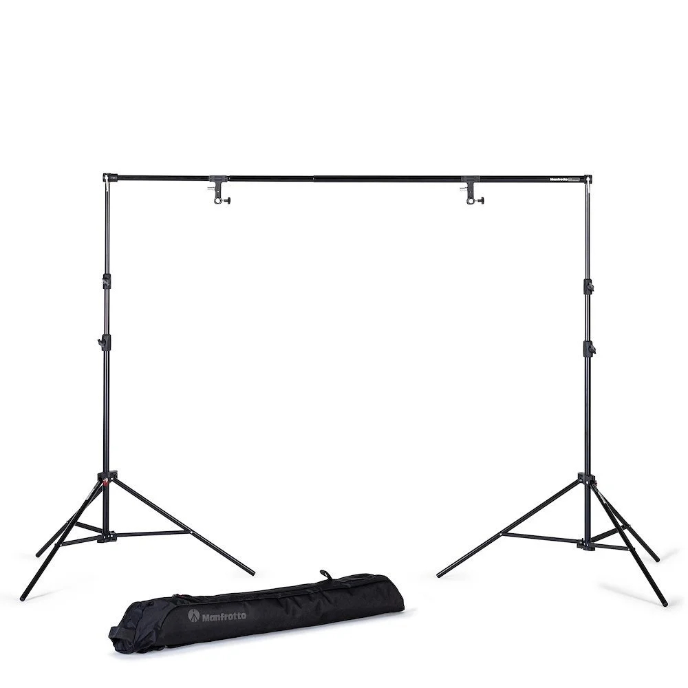 Backdrop support system with a black carrying bag, set up against a white background.