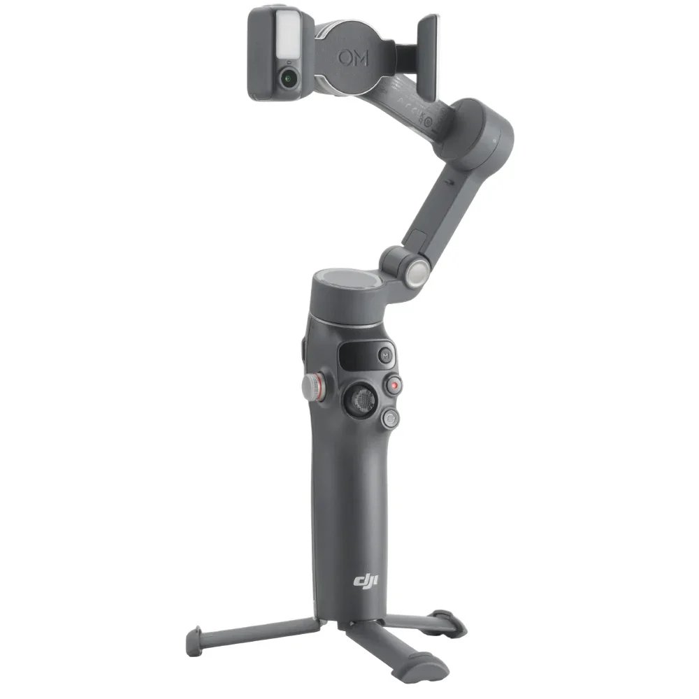 A gray DJI handheld gimbal stabilizer with a mounted smartphone attachment.