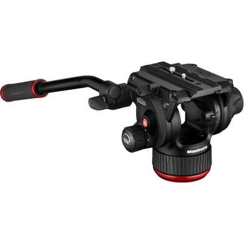 A Manfrotto tripod ball head with a quick-release plate and a side-mounted handle.