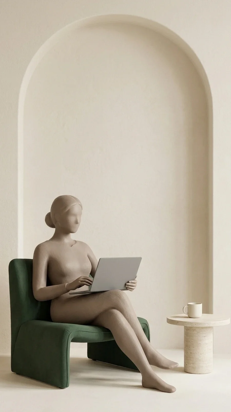 A nude mannequin woman with a bun hairstyle sitting on a dark green chair, working on a silver laptop, in a minimalistic room with beige walls, a small round side table with a white mug, and an arched wall niche.