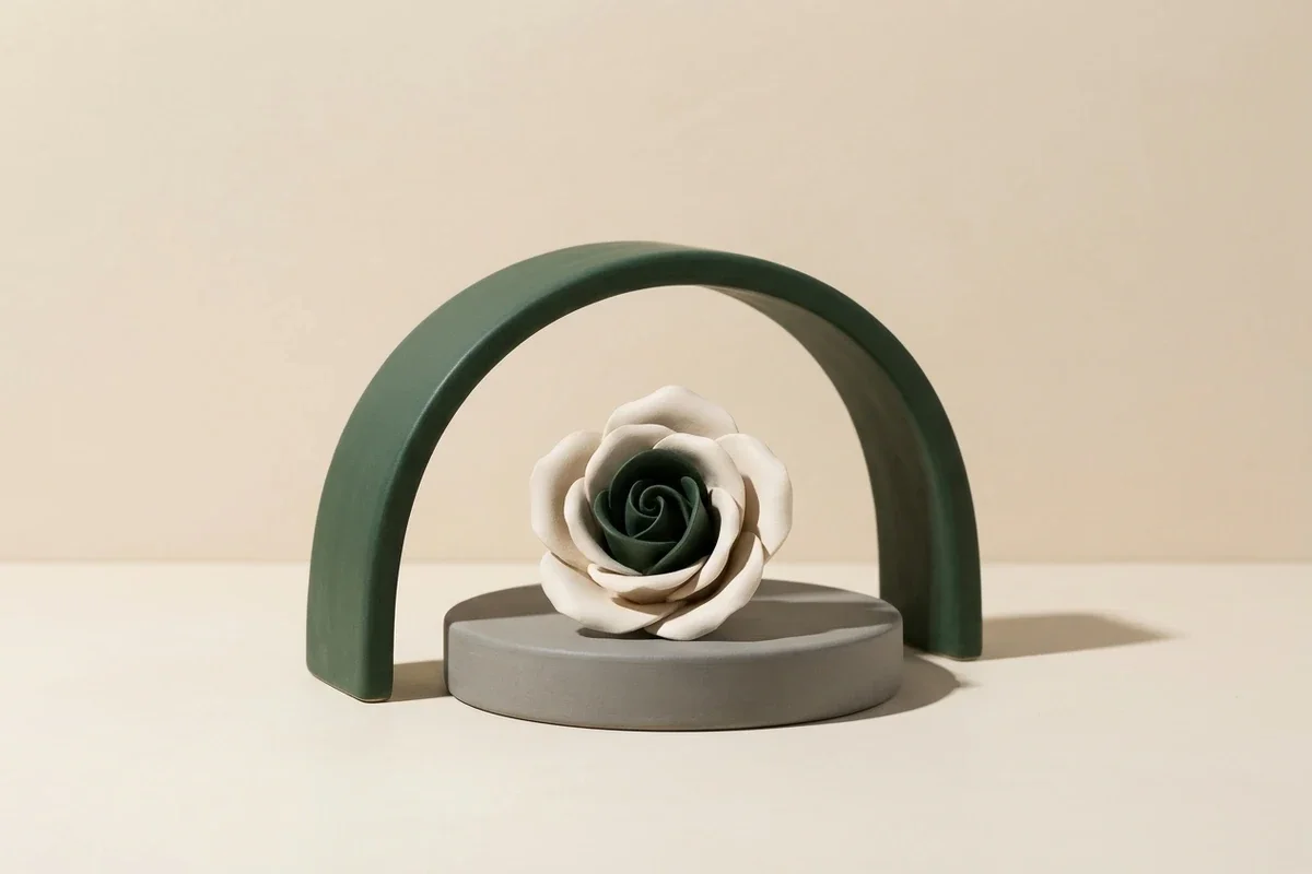 Minimalist sculpture featuring a white and black rose on a gray circular base, with a green arch overhead, set against a plain beige background.
