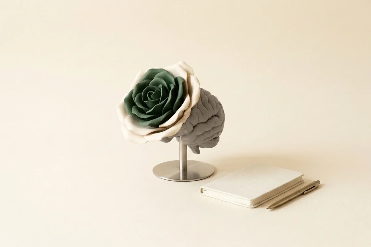 A brain-shaped object with a succulent plant on top, placed on a table next to a closed white notebook and a pen.