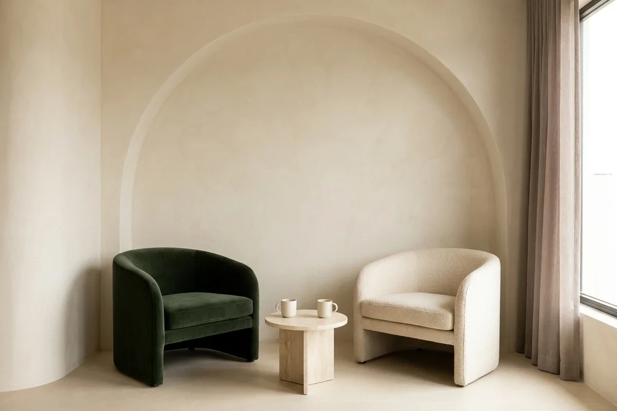 Minimalist living room corner with two plush armchairs, one dark green and one cream, separated by a small round side table with two mugs, near a window with beige curtains.