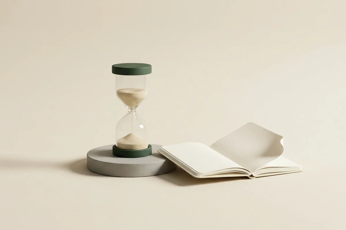 An open notebook next to an hourglass with white sand on a gray circular platform against a plain beige background.