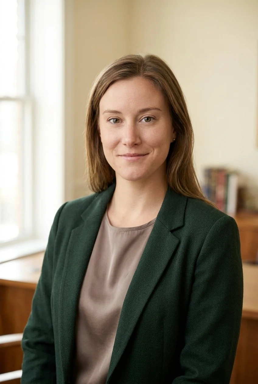 A young woman with shoulder-length light brown hair, wearing a green blazer over a beige top, standing indoors with a window and books on a shelf in the background.