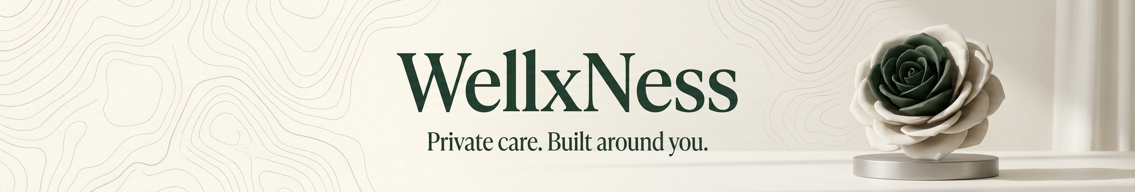 A white wall with a subtle topographic map design, featuring the brand name 'WelxNess' and the tagline 'Private care. Built around you.' in dark green text, alongside a decorative white and dark green succulent plant on a round base.