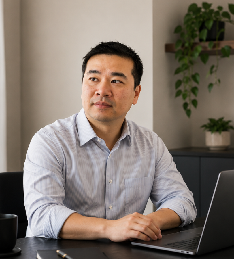 A man sitting at a desk with a laptop, wearing a light blue button-up shirt, in an office with plants and a neutral wall background.