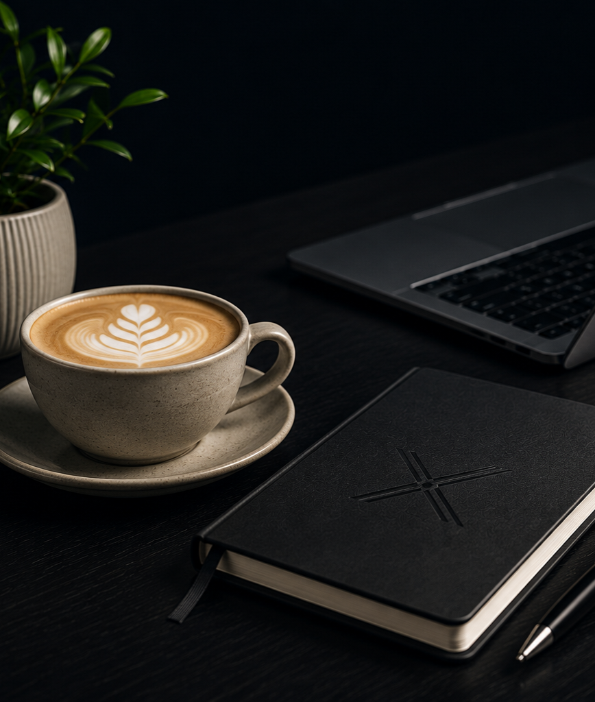 A cup of coffee with latte art on a dark wooden desk next to a closed black notebook, a pen, a laptop, and a potted plant.
